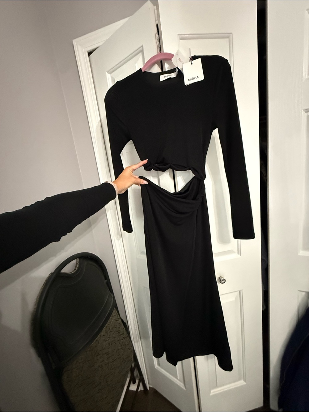 Mishka Black Long Sleeve Cutout Midi Dress with Twisted Front